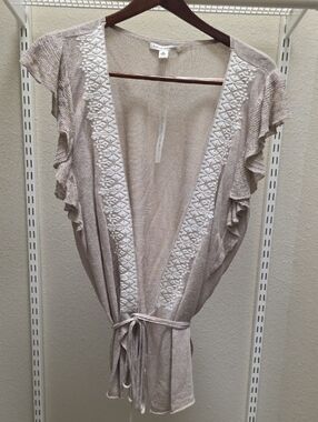 Banana Republic Beige 55% Linen Embr. Knit Ruffle Tie-Front Cover Blouse/sweater